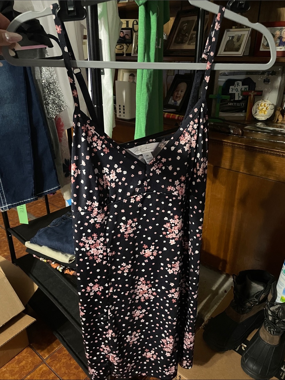 Marilyn Monroe Black Floral Slip Dress with Pink Blossoms